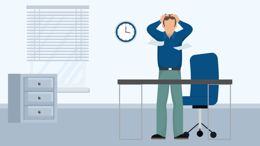 clip art of a man holding his head in his office 