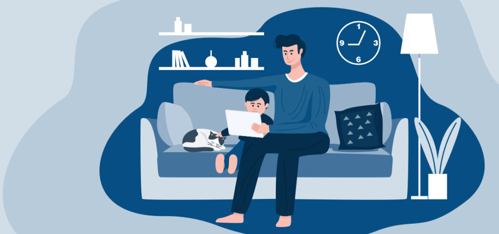 clip art of a dad and child reading with cat on a sofa 