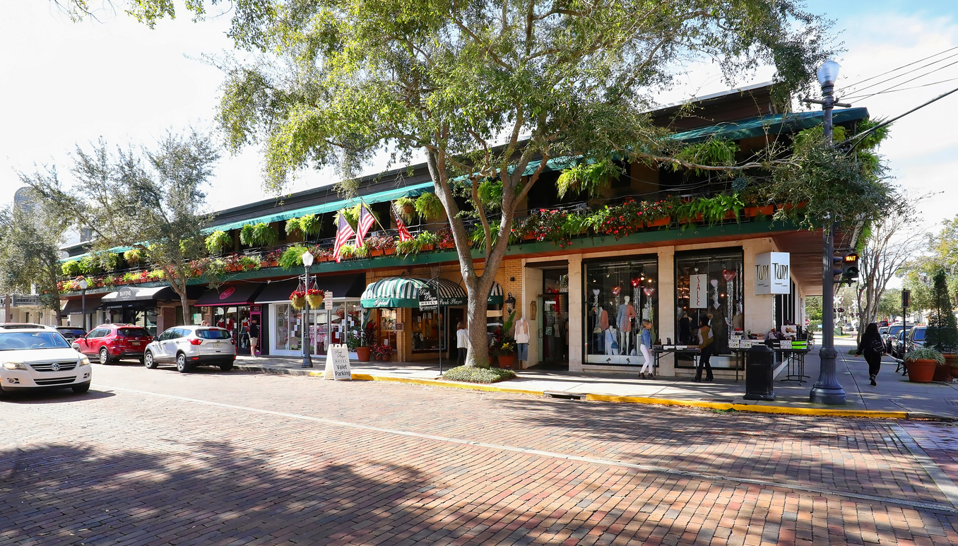 Winter Park, Florida, USA - January 26, 2020: Retail stores on South Park Avenue in downtown Winter Park. Famous for it's upscale shopping and world class museums.