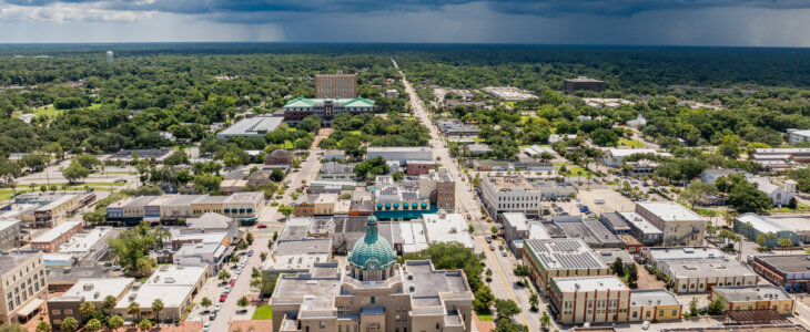 Volusia County Courthouse and historic district with a thunderstorm on the horizon.